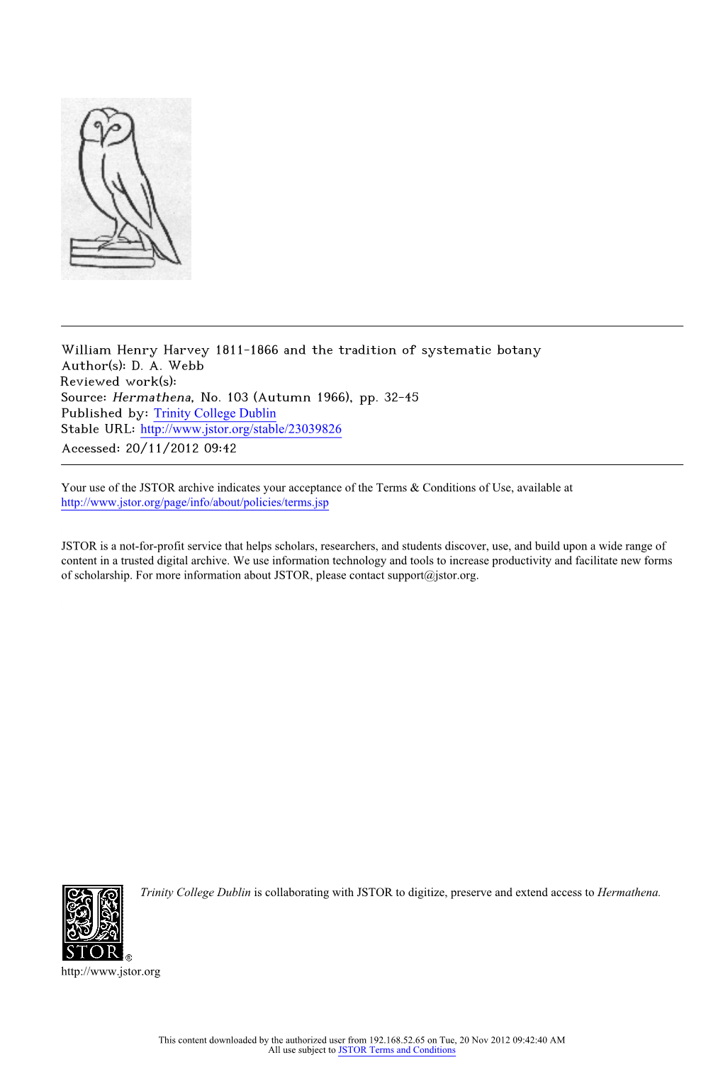 William Henry Harvey 1811-1866 and the Tradition of Systematic Botany Author(S): D