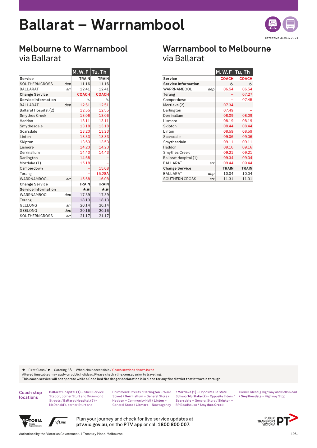 Ballarat – Warrnambool AD Effective 31/01/2021 Melbourne to Warrnambool Warrnambool to Melbourne Via Ballarat Via Ballarat