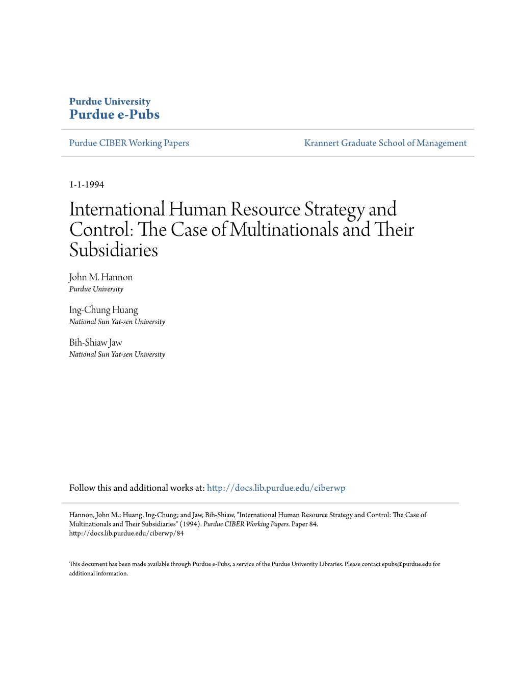 International Human Resource Strategy and Control: the Ac Se of Multinationals and Their Subsidiaries John M