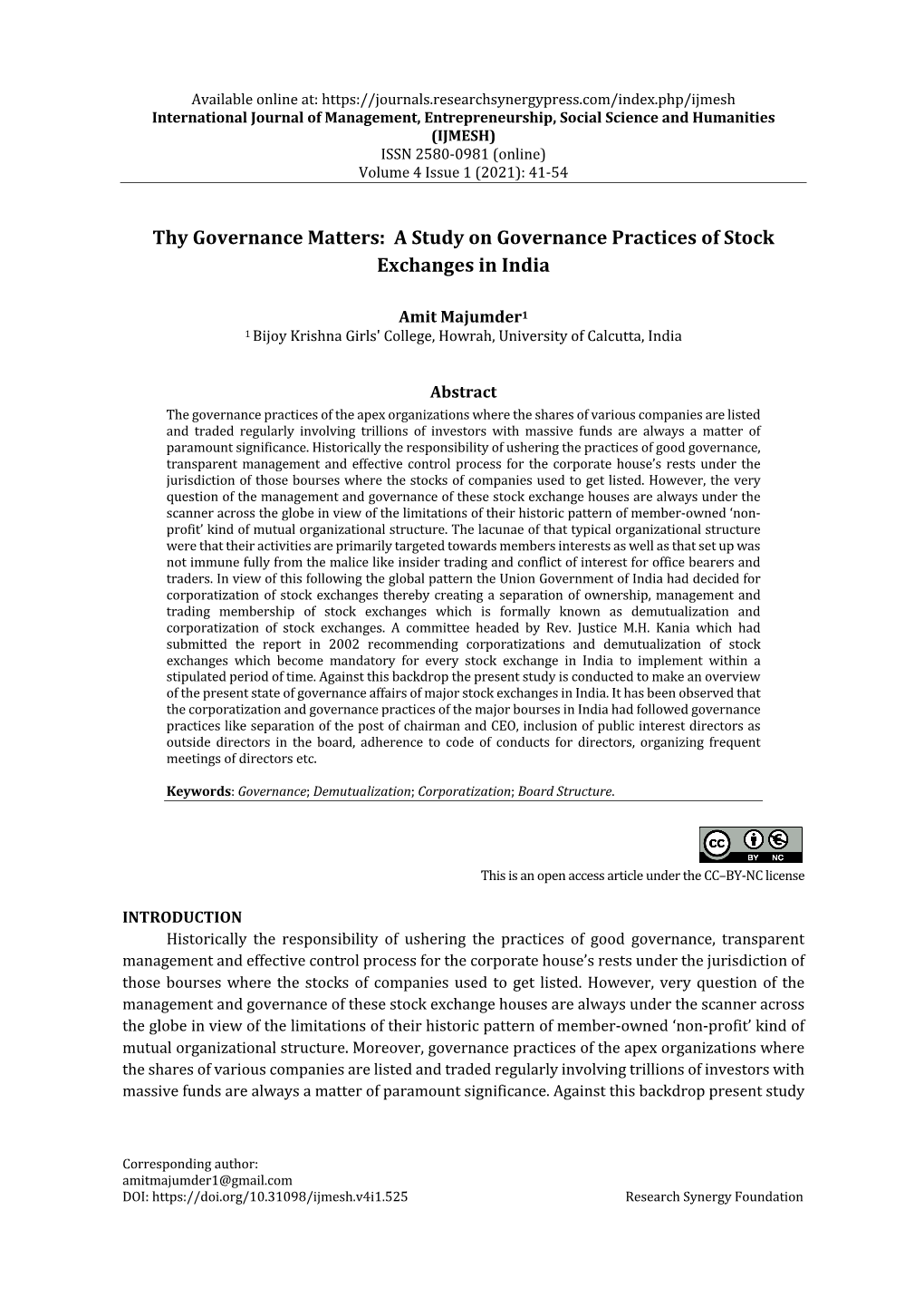 A Study on Governance Practices of Stock Exchanges in India