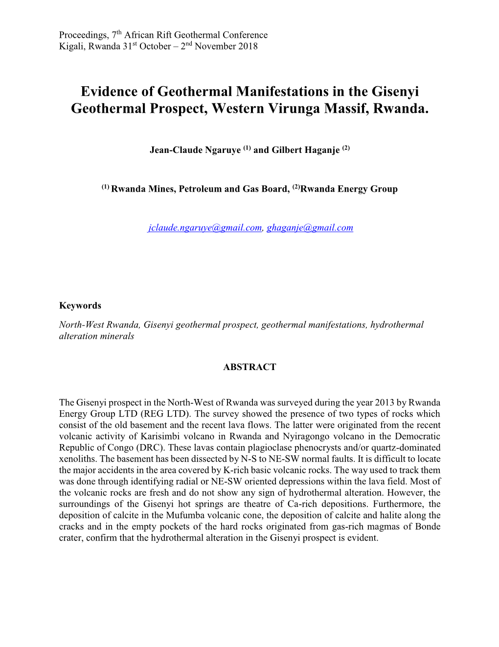 Evidence of Geothermal Manifestations in the Gisenyi Geothermal Prospect, Western Virunga Massif, Rwanda