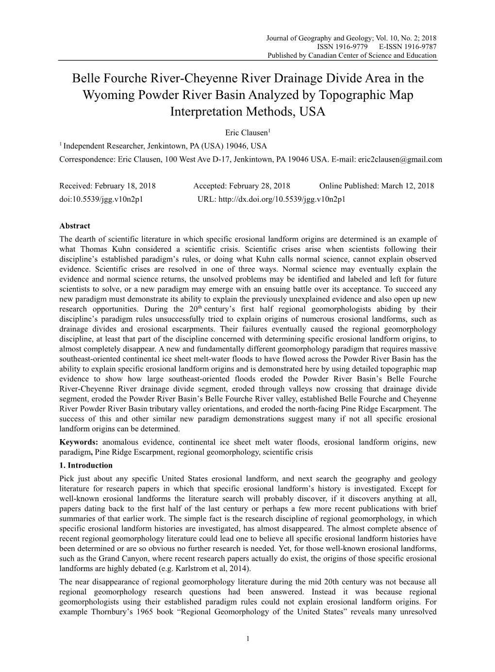 Belle Fourche River-Cheyenne River Drainage Divide Area in the Wyoming Powder River Basin Analyzed by Topographic Map Interpretation Methods, USA