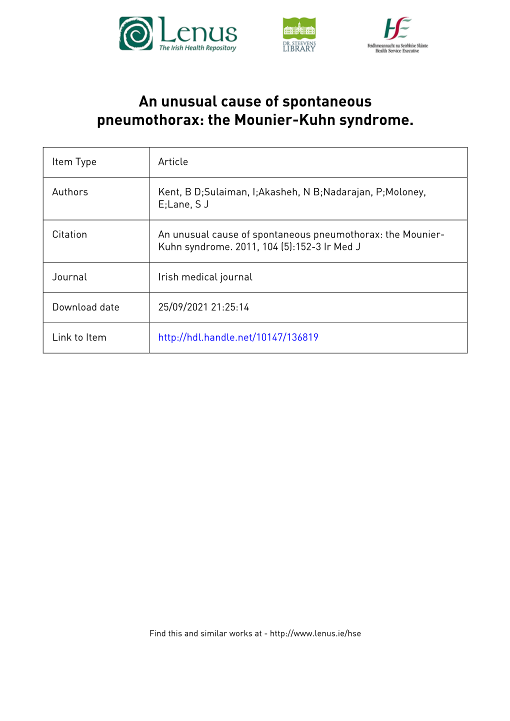 An Unusual Cause of Spontaneous Pneumothorax: the Mounier-Kuhn Syndrome