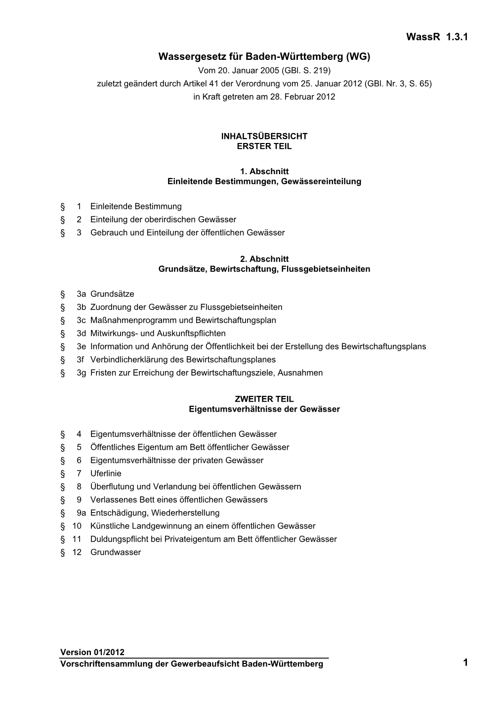 Wassergesetz Für Baden-Württemberg (WG) Vom 20
