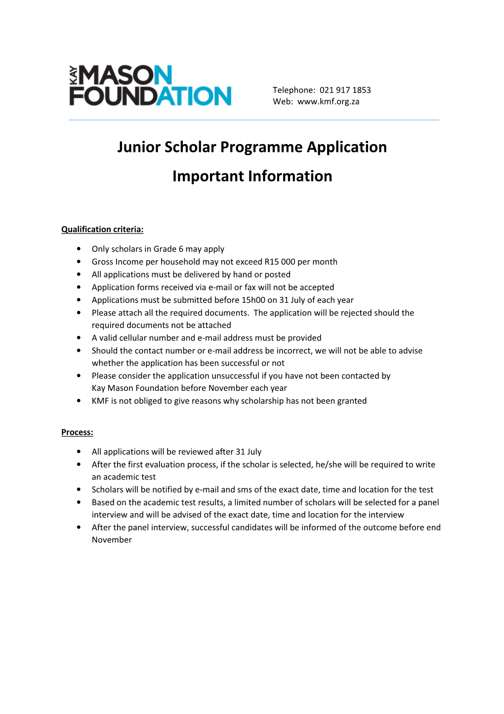 Junior Scholar Programme Application Important Information