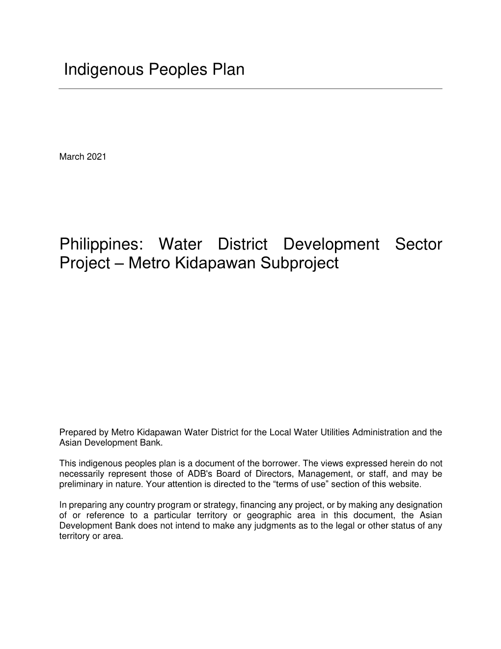 Indigenous Peoples Plan Philippines: Water District Development Sector