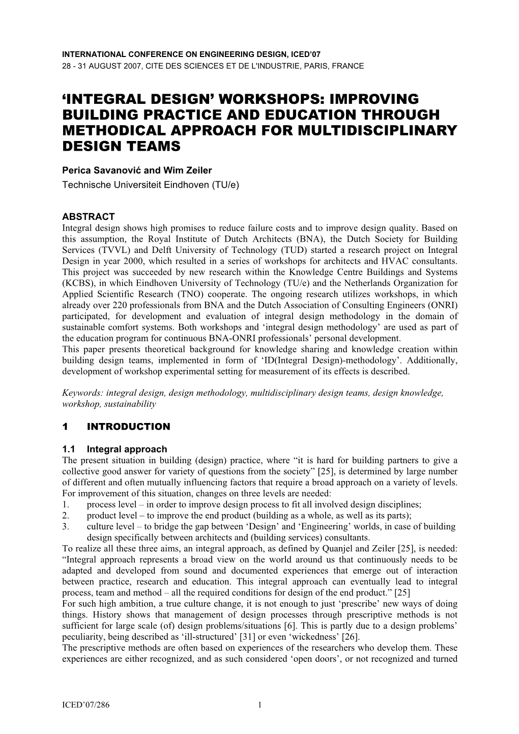 'Integral Design' Workshops: Improving Building Practice and Education Through Methodical Approach for Multidisciplinary