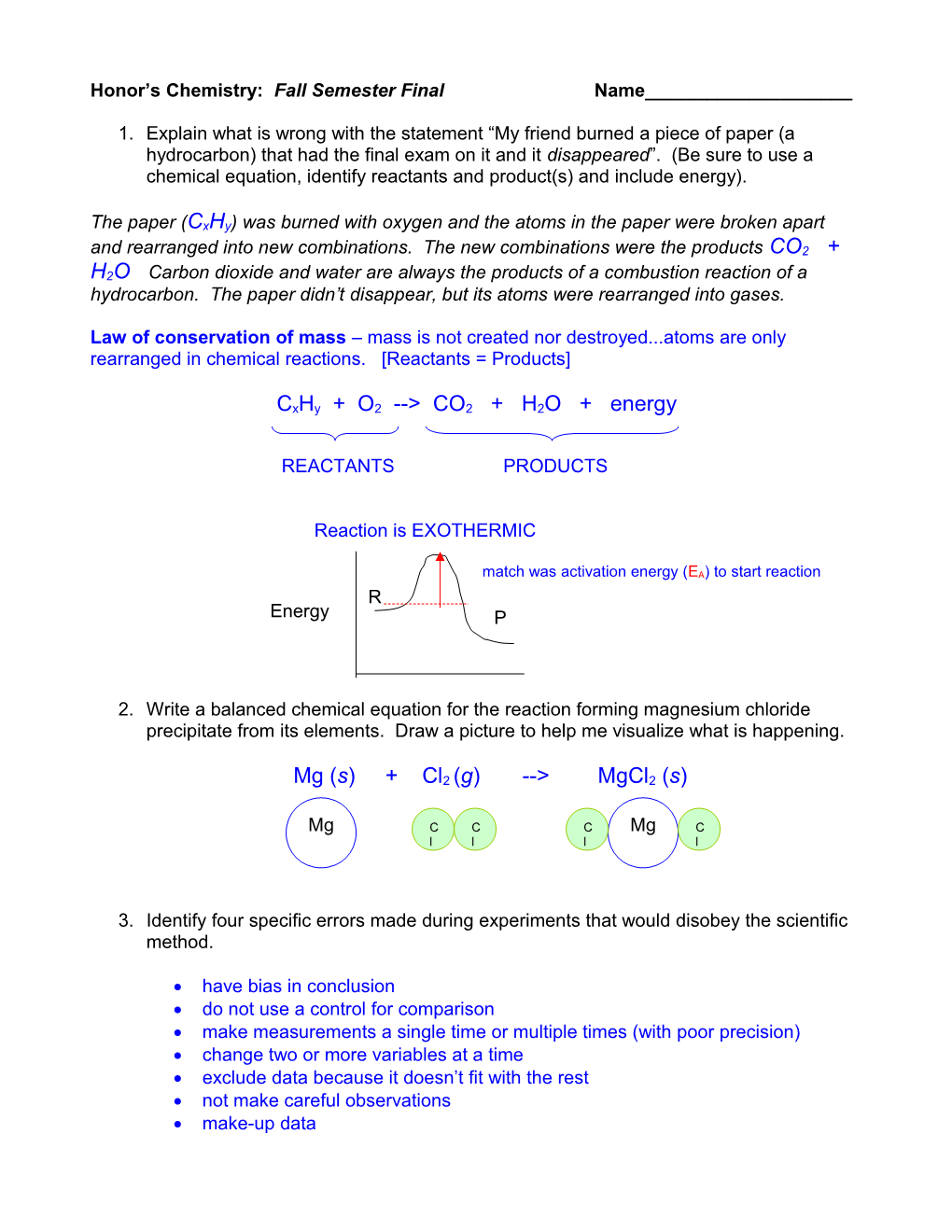 Honor S Chemistry: Fall Semester Final