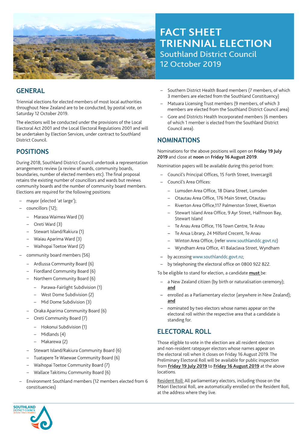 FACT SHEET TRIENNIAL ELECTION Southland District Council 12 October 2019