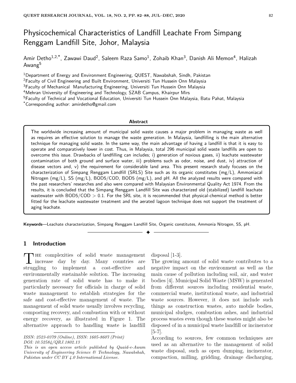 Physicochemical Characteristics of Landfill Leachate from Simpang Renggam Landfill Site, Johor, Malaysia