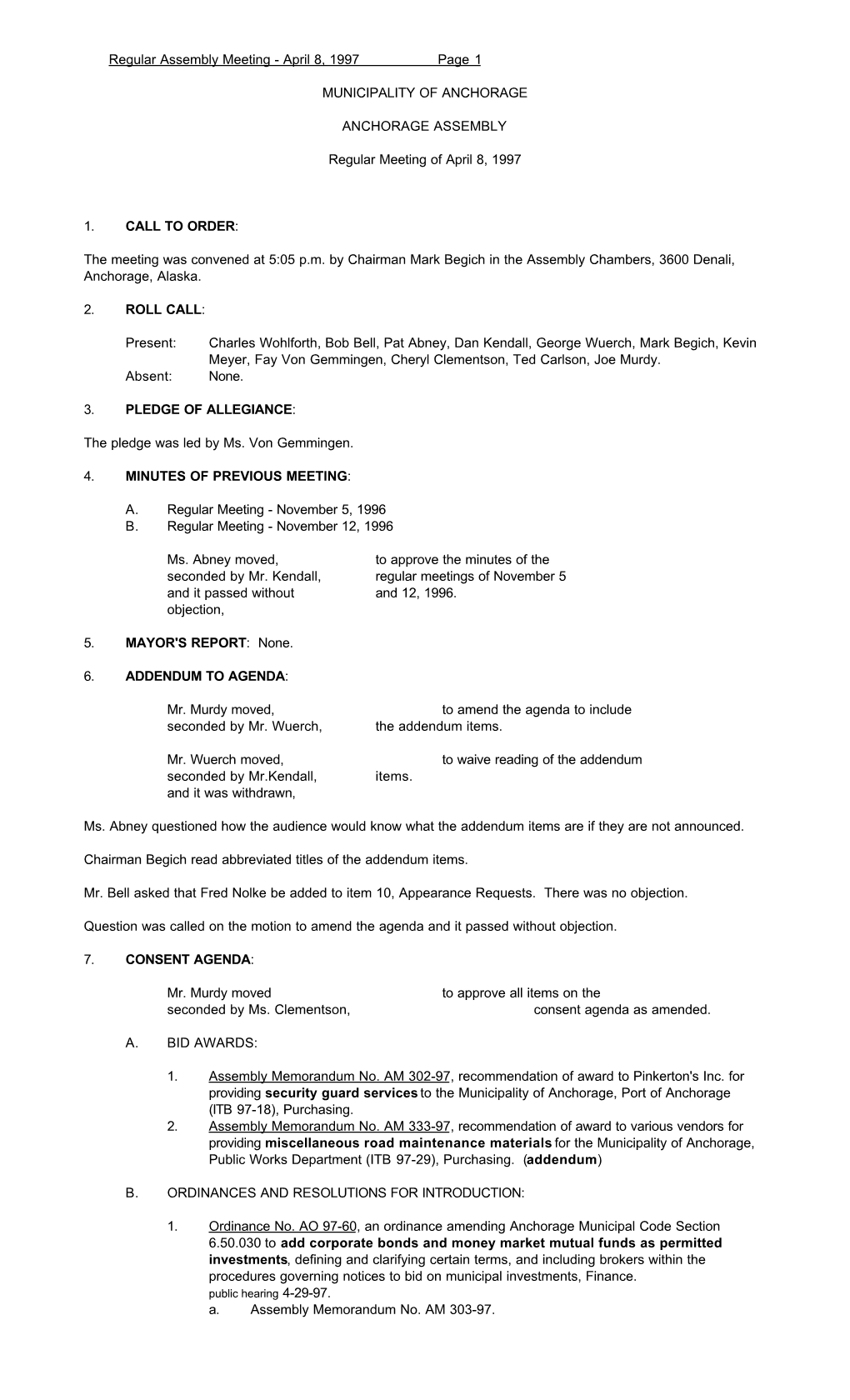 Regular Assembly Meeting - April 8, 1997 Page 1