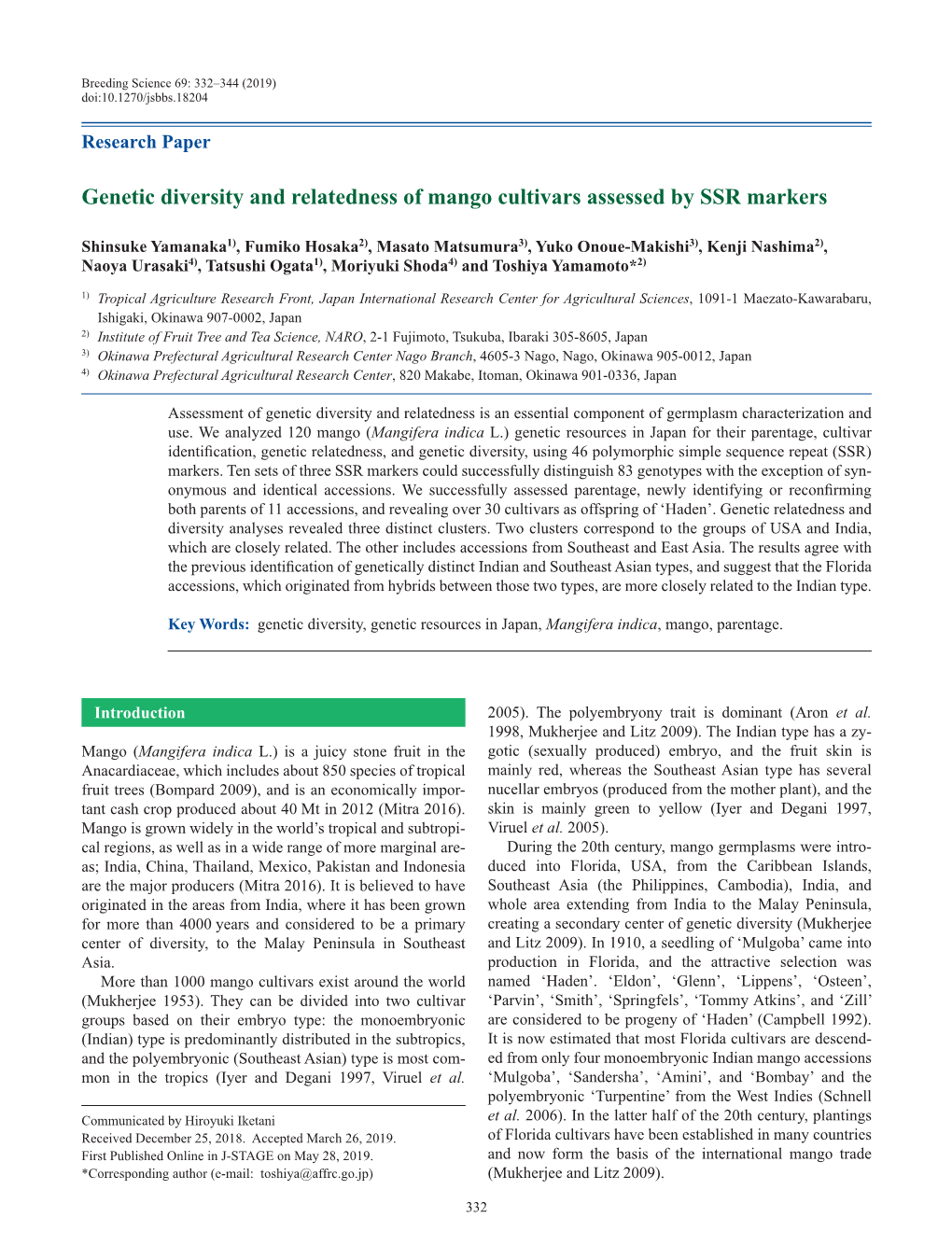 Genetic Diversity and Relatedness of Mango Cultivars Assessed by SSR Markers