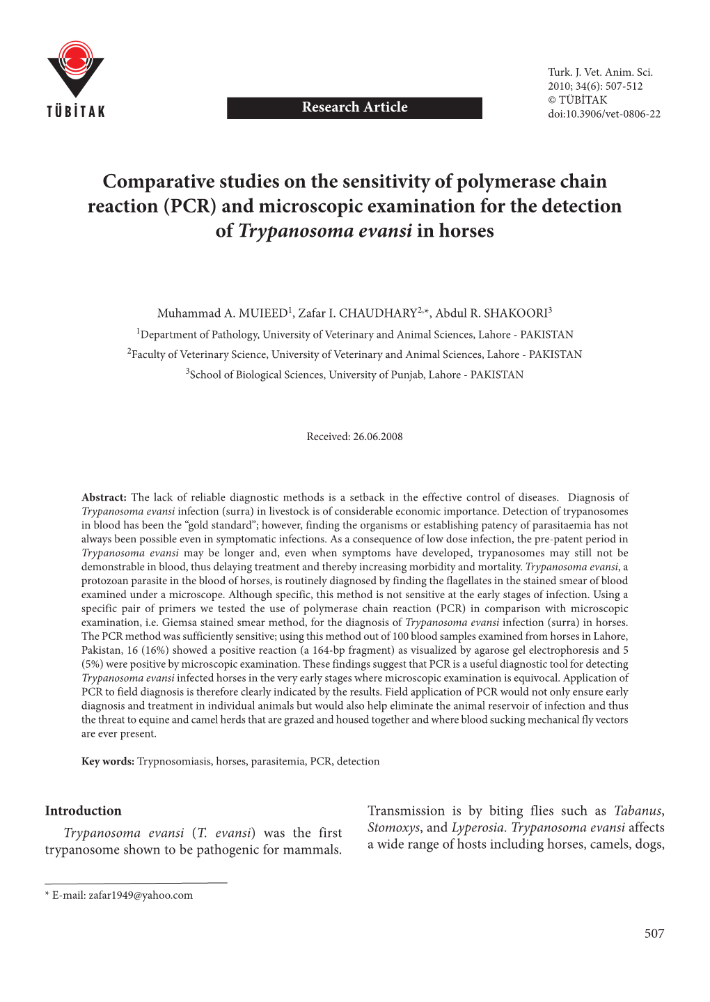 Comparative Studies on the Sensitivity of Polymerase Chain Reaction (PCR) and Microscopic Examination for the Detection of Trypanosoma Evansi in Horses