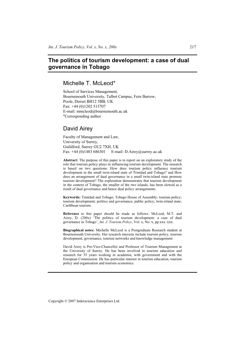 A Case of Dual Governance in Tobago Michelle T. Mcleod* David Airey