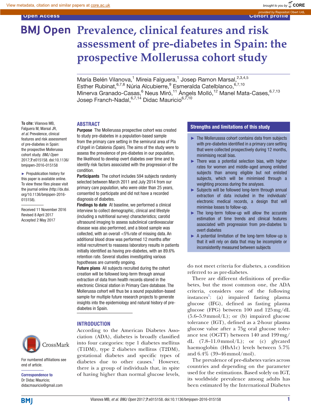 Prevalence, Clinical Features and Risk Assessment of Pre-Diabetes in Spain: the Prospective Mollerussa Cohort Study