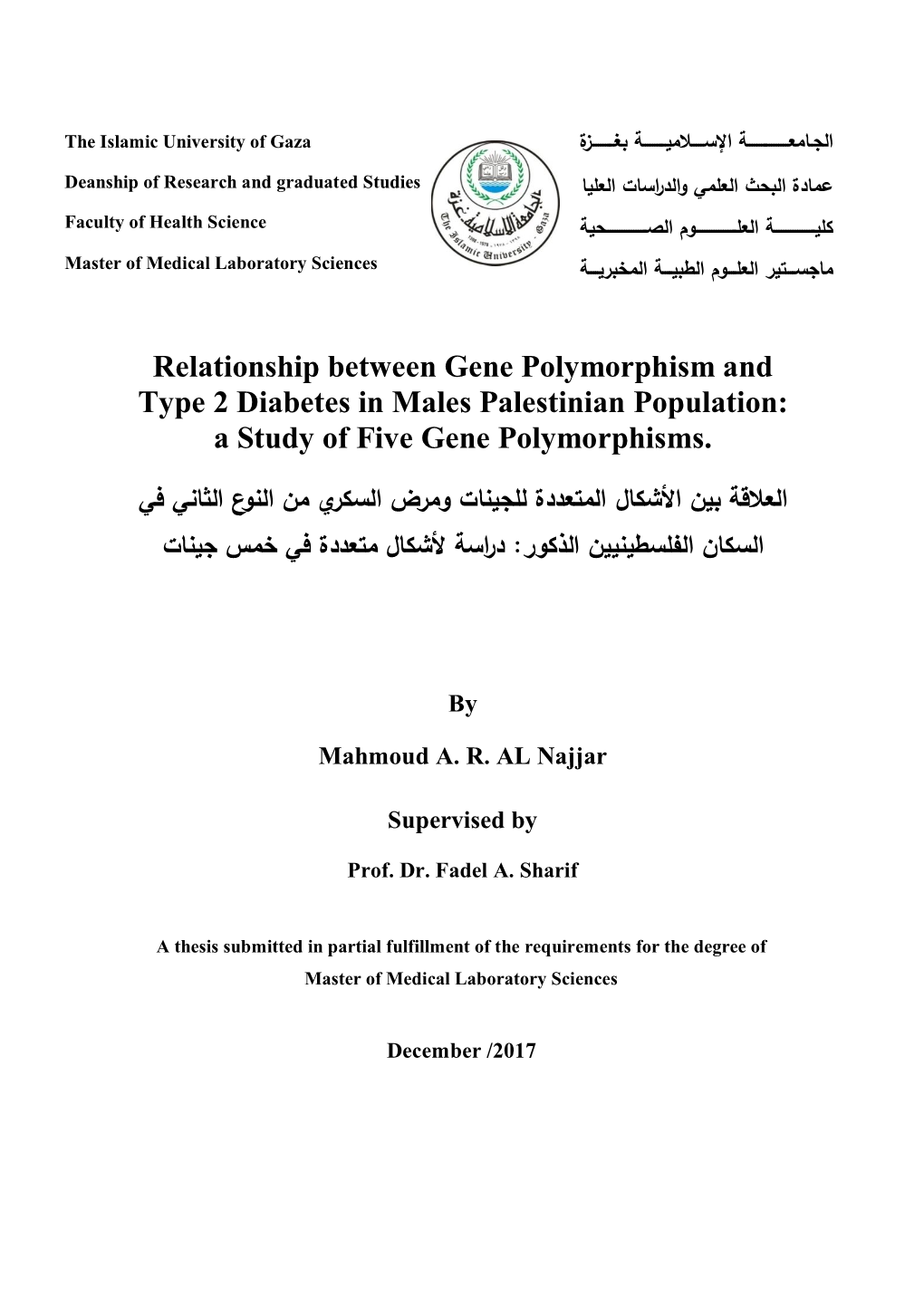 Relationship Between Gene Polymorphism and Type 2 Diabetes in Males Palestinian Population: a Study of Five Gene Polymorphisms