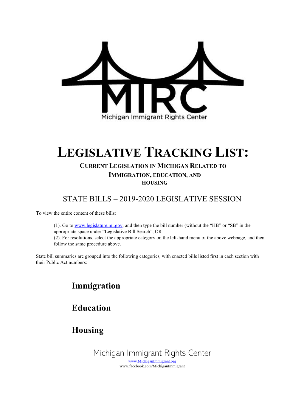 Legislative Tracking List: Current Legislation in Michigan Related to Immigration, Education, and Housing