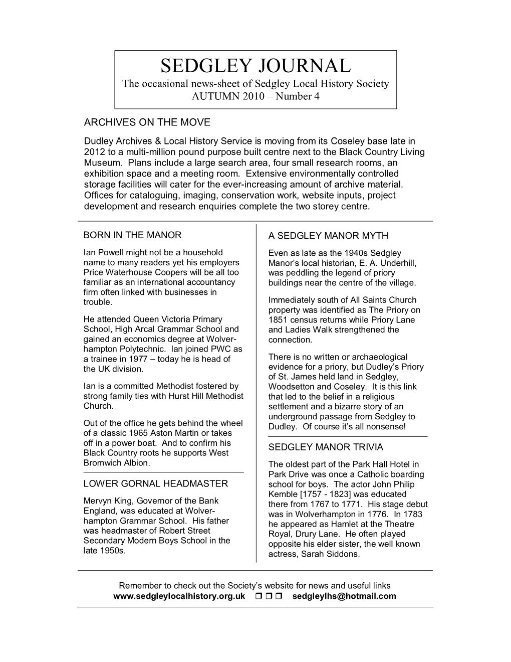 SEDGLEY JOURNAL the Occasional News-Sheet of Sedgley Local History Society AUTUMN 2010 – Number 4
