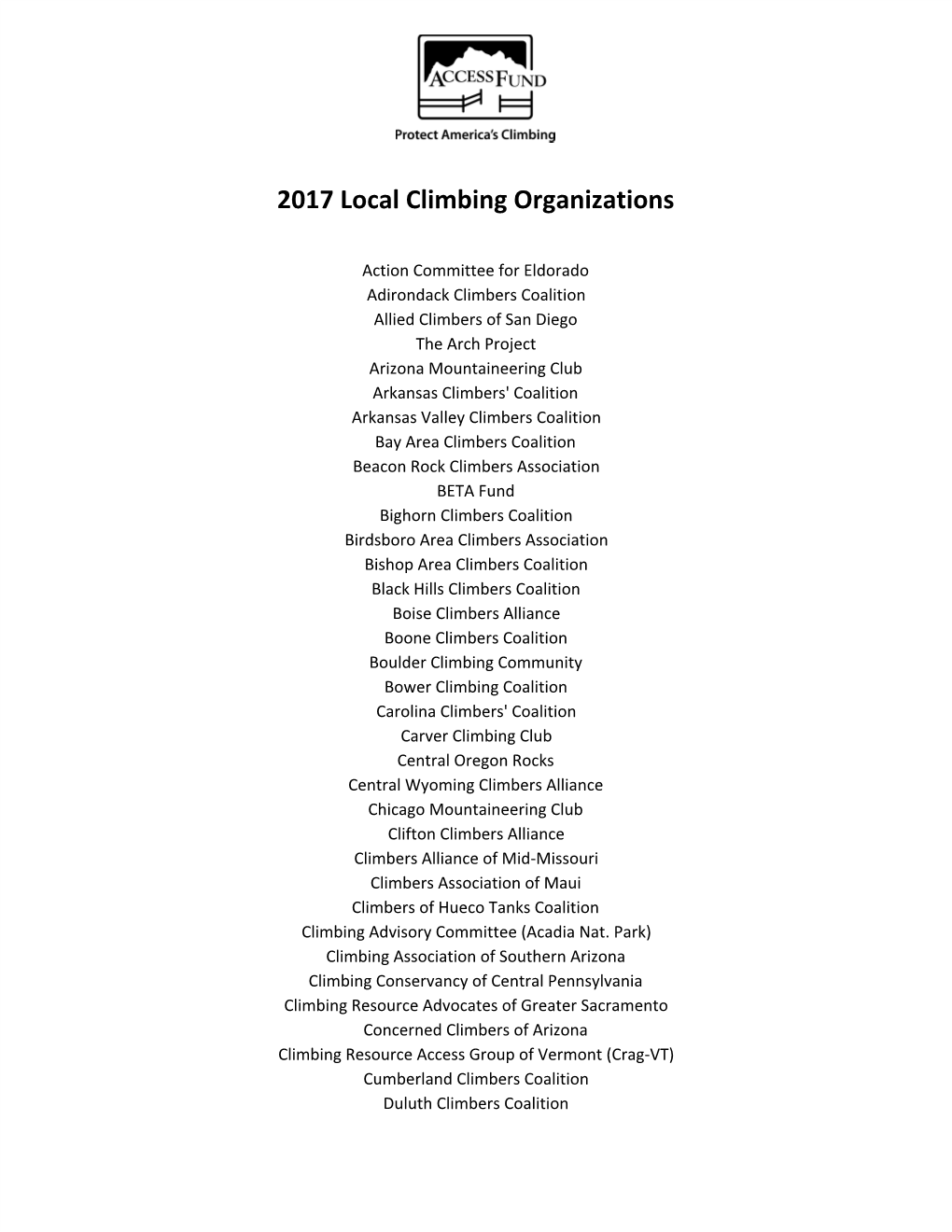 2017 Local Climbing Organizations