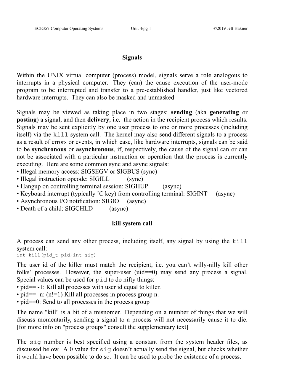 Signals Within the UNIX Virtual Computer