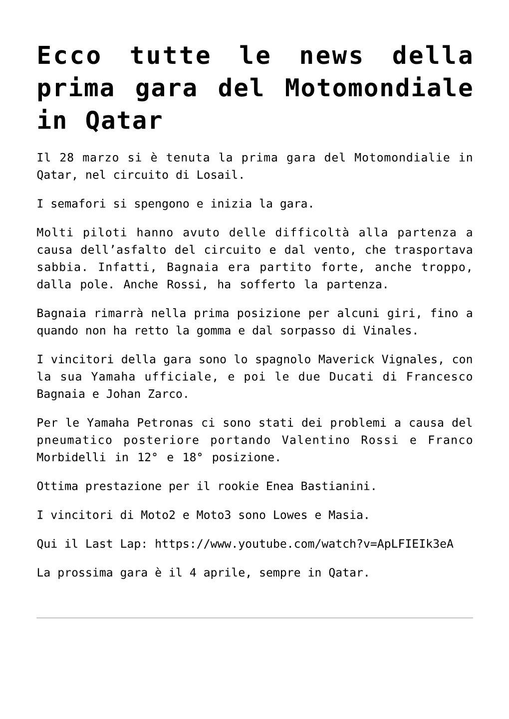 Ecco Tutte Le News Della Prima Gara Del Motomondiale in Qatar,Arriva La