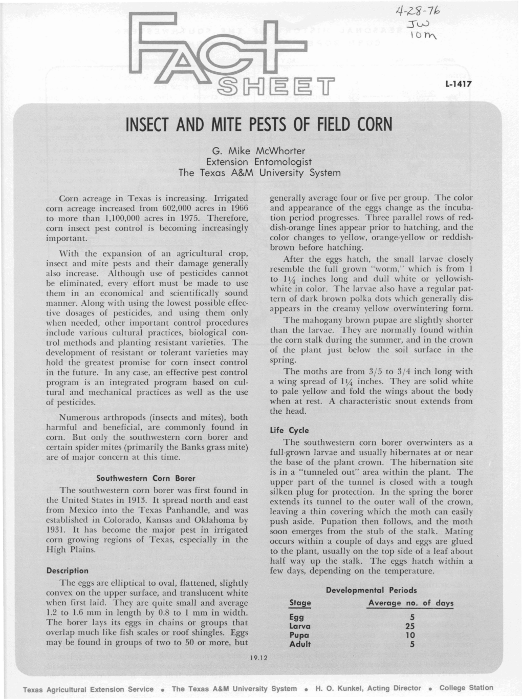 Insect and Mite Pests of Field Corn