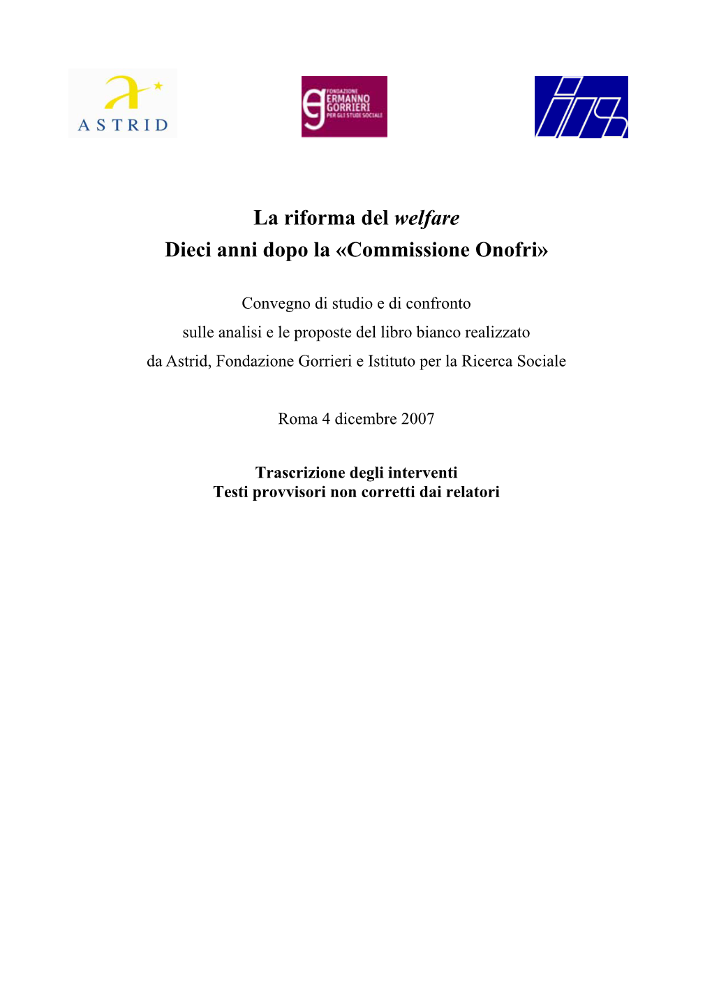 La Riforma Del Welfare Dieci Anni Dopo La «Commissione Onofri»