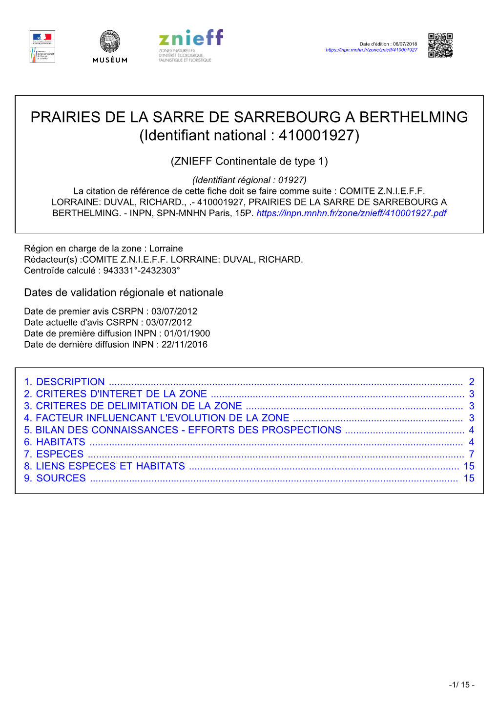 PRAIRIES DE LA SARRE DE SARREBOURG a BERTHELMING (Identifiant National : 410001927)