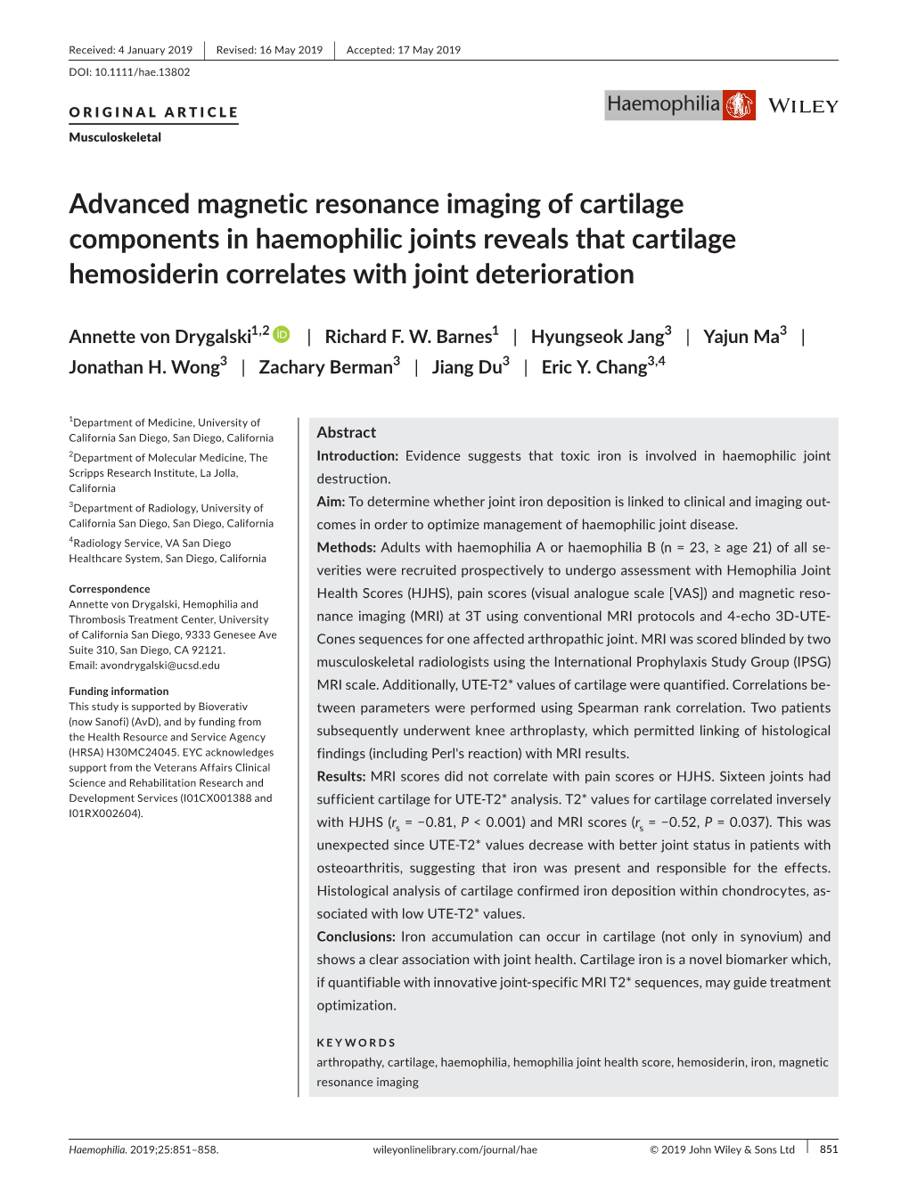 Advanced Magnetic Resonance Imaging of Cartilage Components in Haemophilic Joints Reveals That Cartilage Hemosiderin Correlates with Joint Deterioration