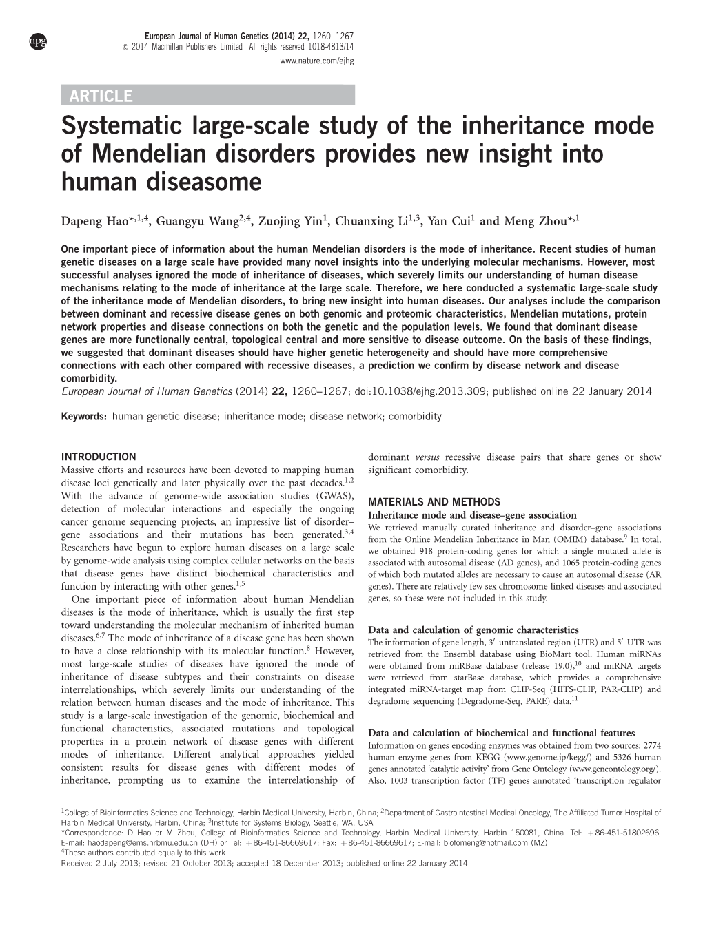 Systematic Large-Scale Study of the Inheritance Mode of Mendelian Disorders Provides New Insight Into Human Diseasome