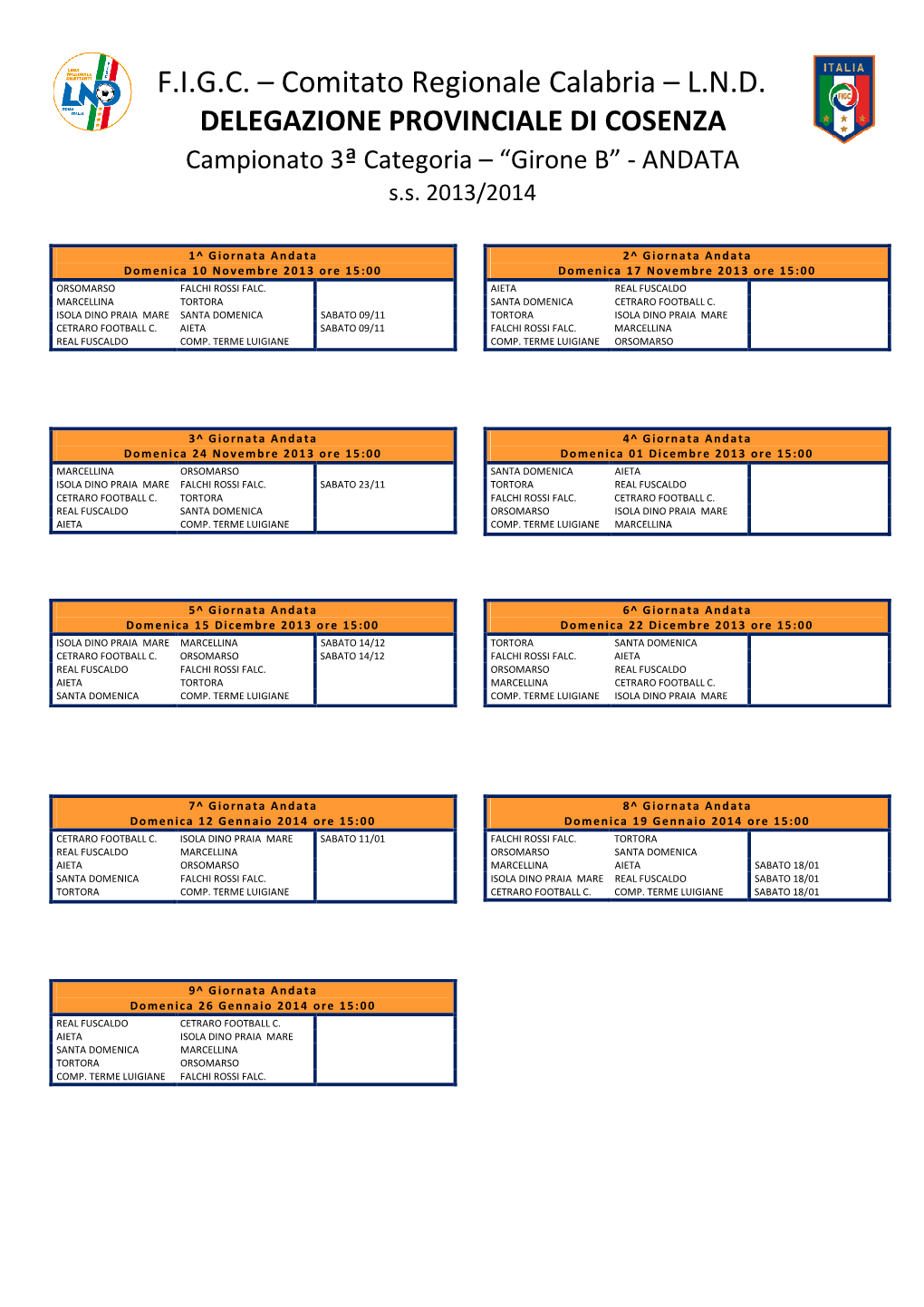 F.I.G.C. – Comitato Regionale Calabria – L.N.D. DELEGAZIONE PROVINCIALE DI COSENZA Campionato 3ª Categoria – “Girone B” - ANDATA S.S