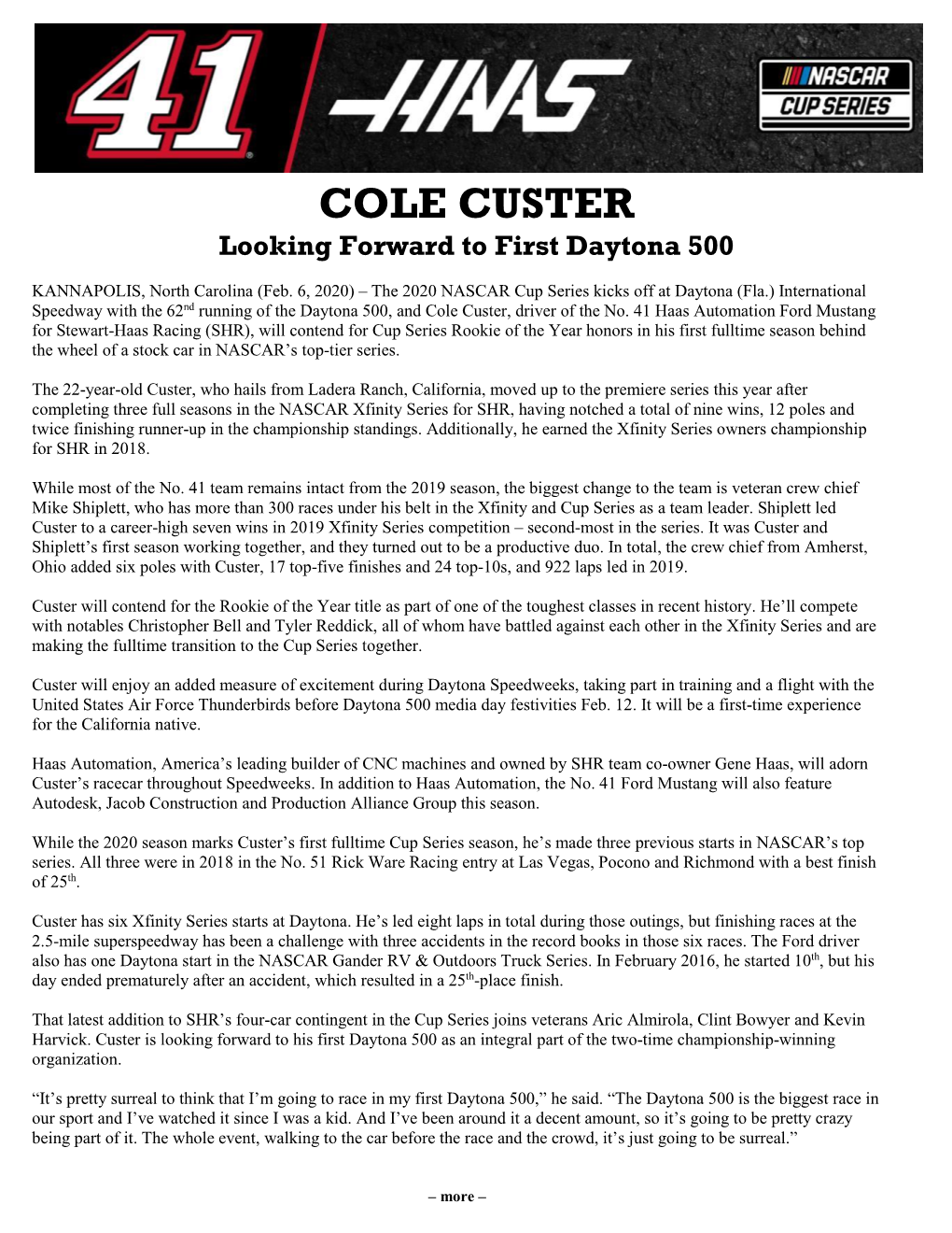 COLE CUSTER Looking Forward to First Daytona 500