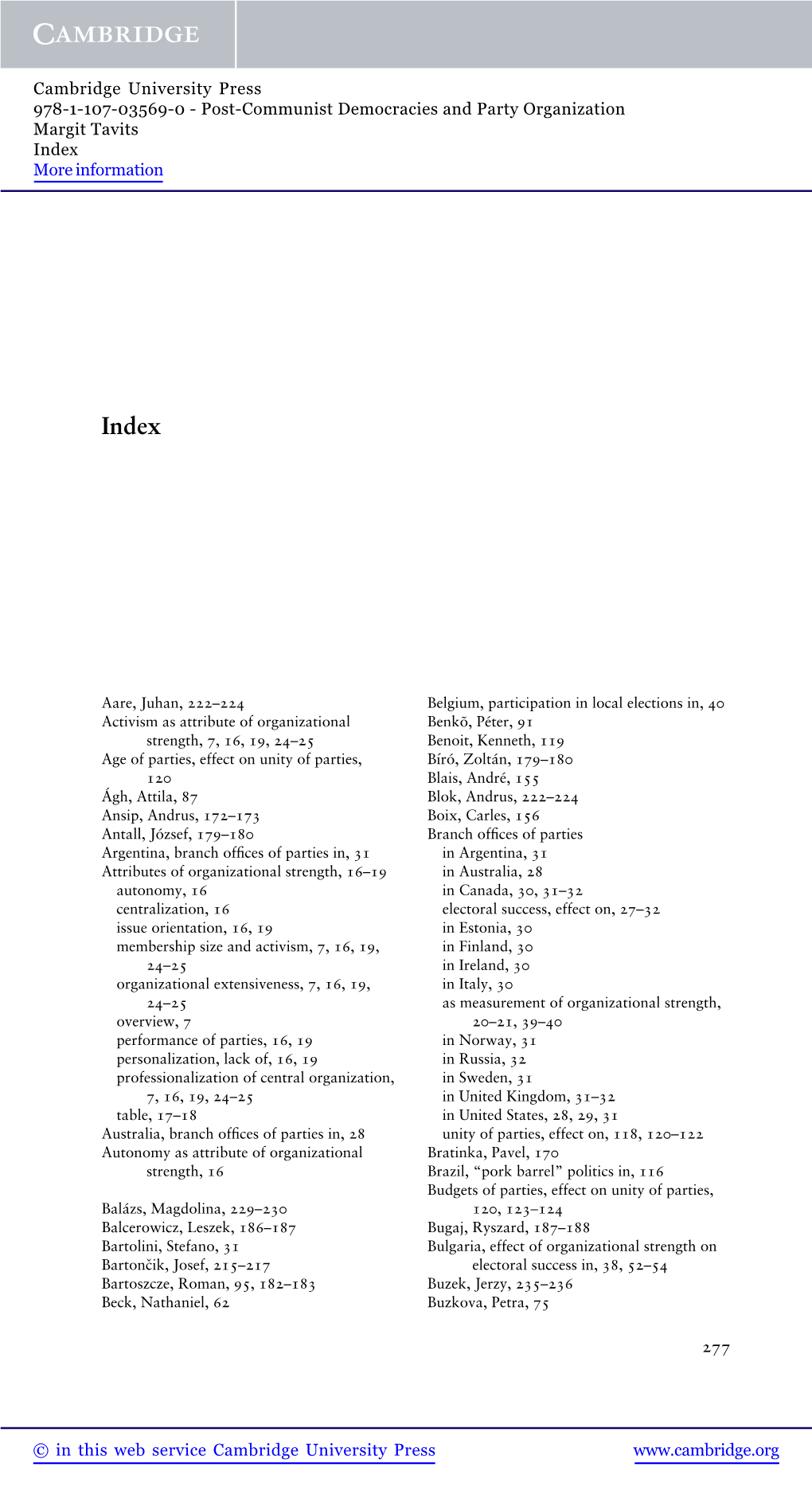 Post-Communist Democracies and Party Organization Margit Tavits Index More Information