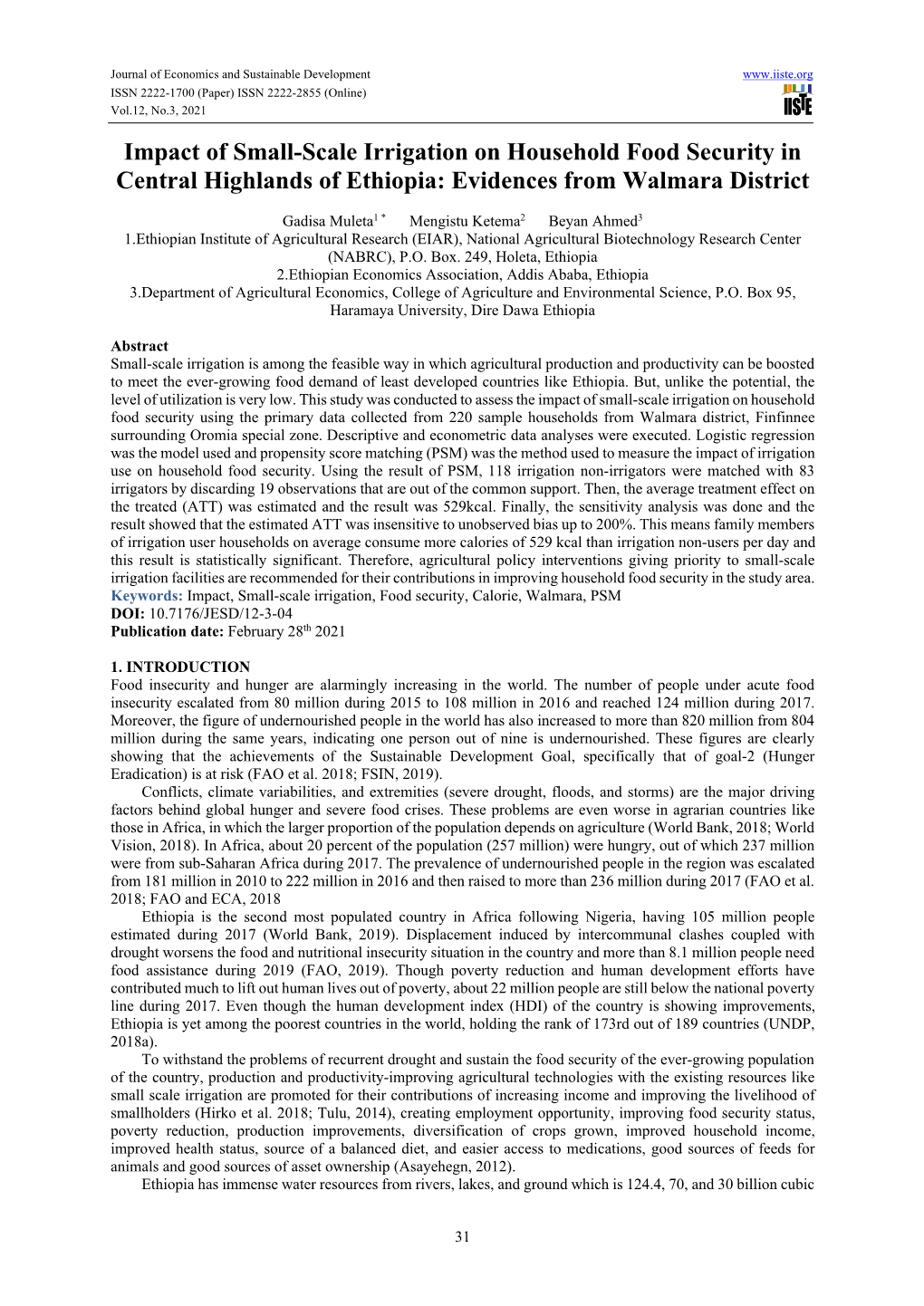 Impact of Small-Scale Irrigation on Household Food Security in Central Highlands of Ethiopia: Evidences from Walmara District