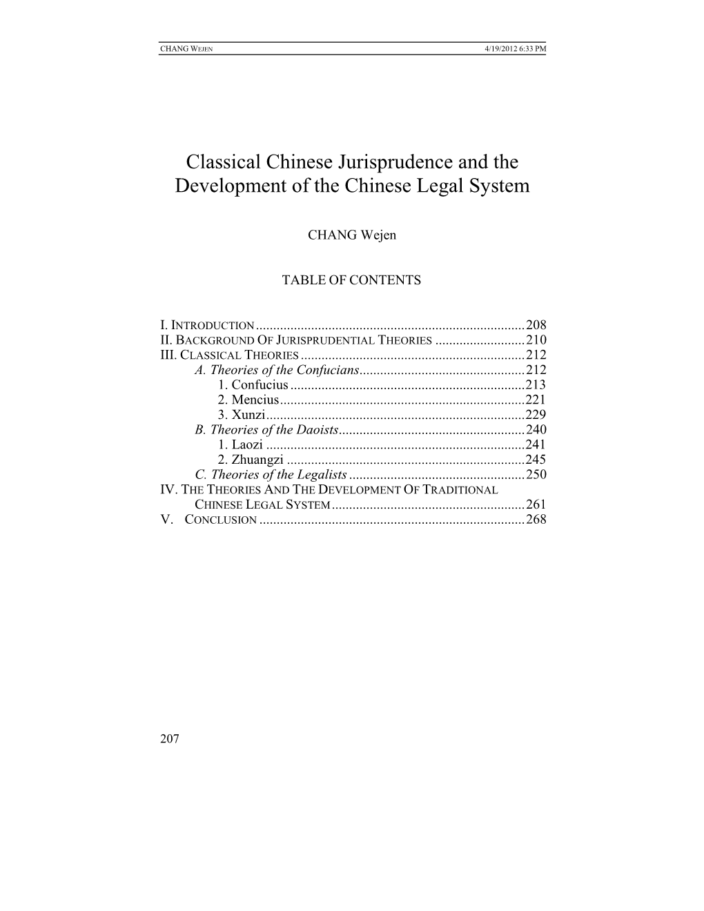 Classical Chinese Jurisprudence and the Development of the Chinese Legal System