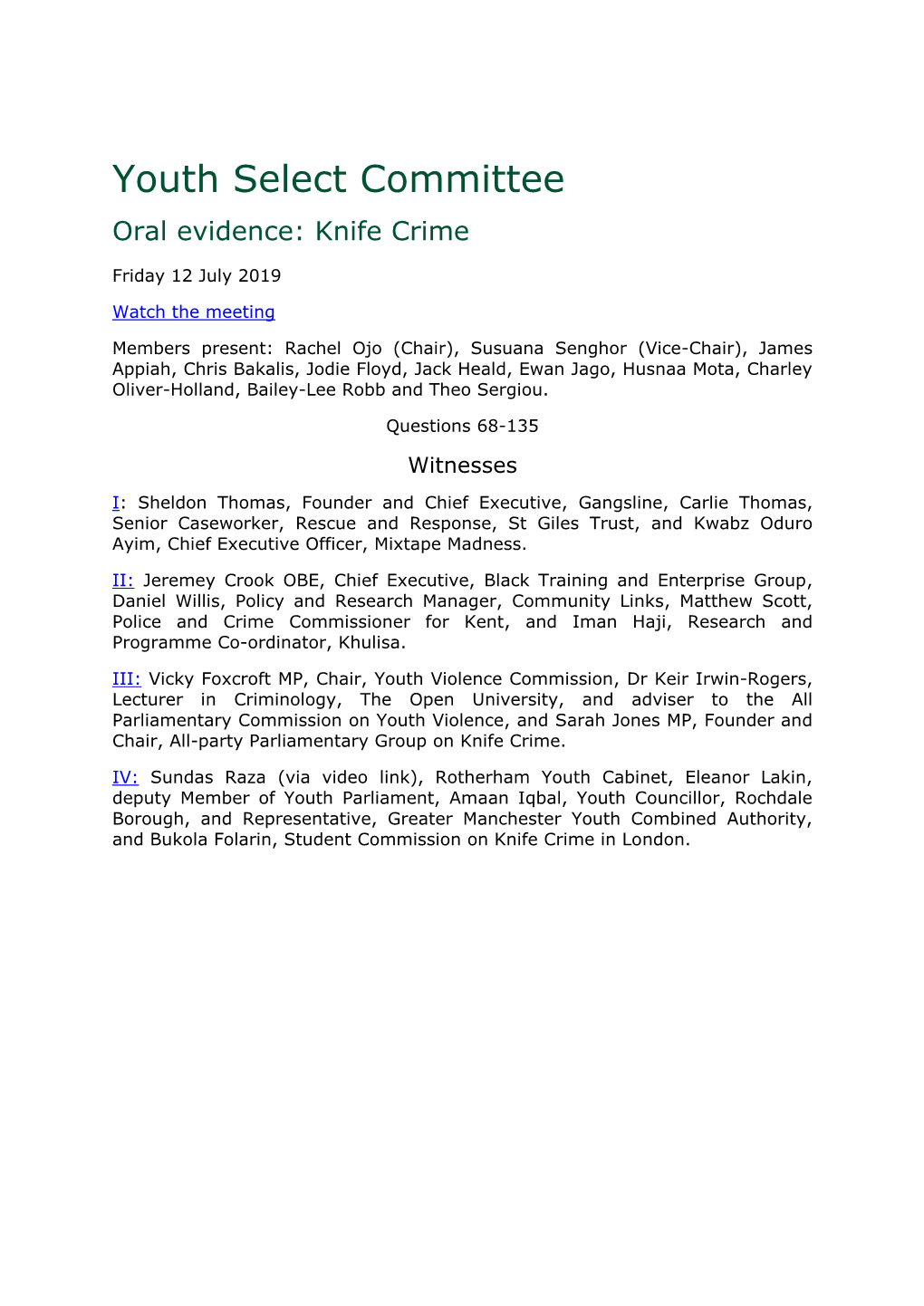 Youth Select Committee Oral Evidence: Knife Crime