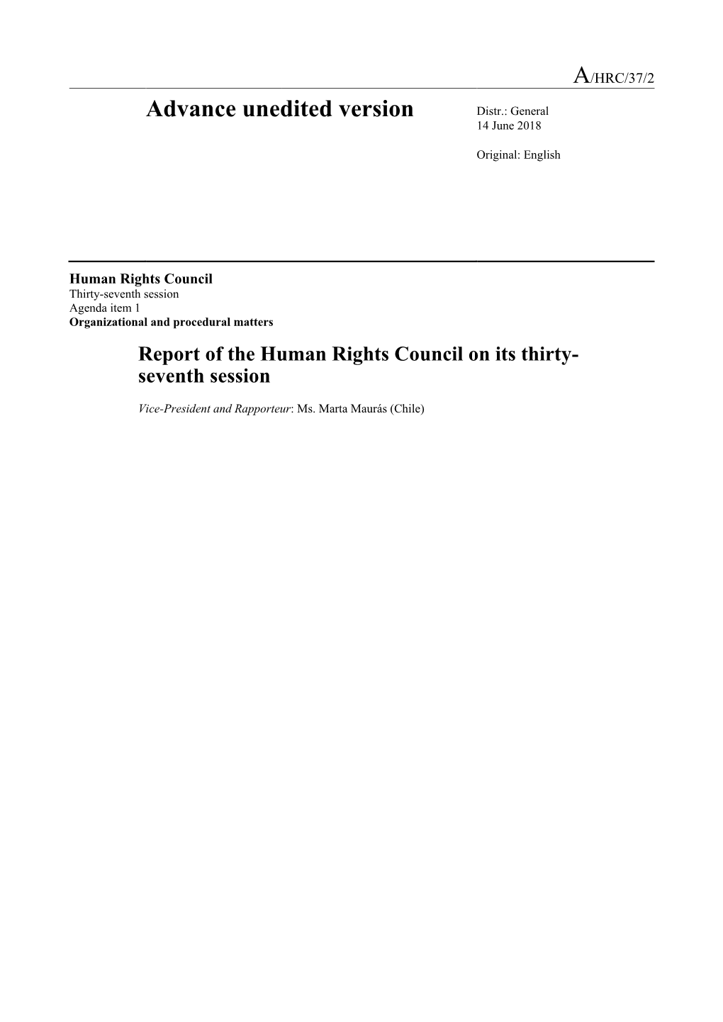 Report of the Human Rights Council on Its 37Th Session
