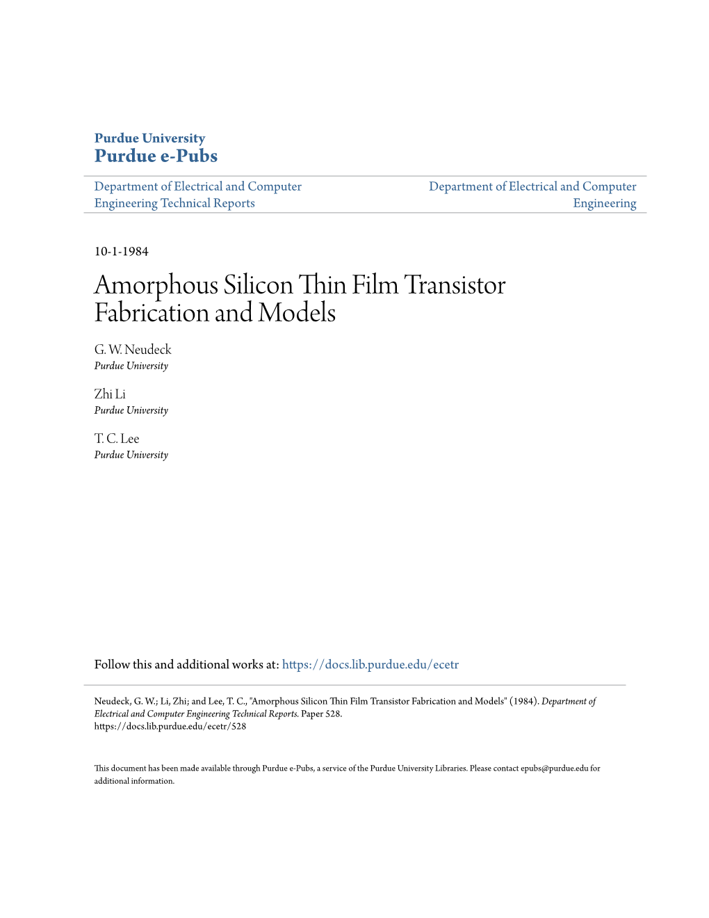 Amorphous Silicon Thin Film Transistor Fabrication and Models