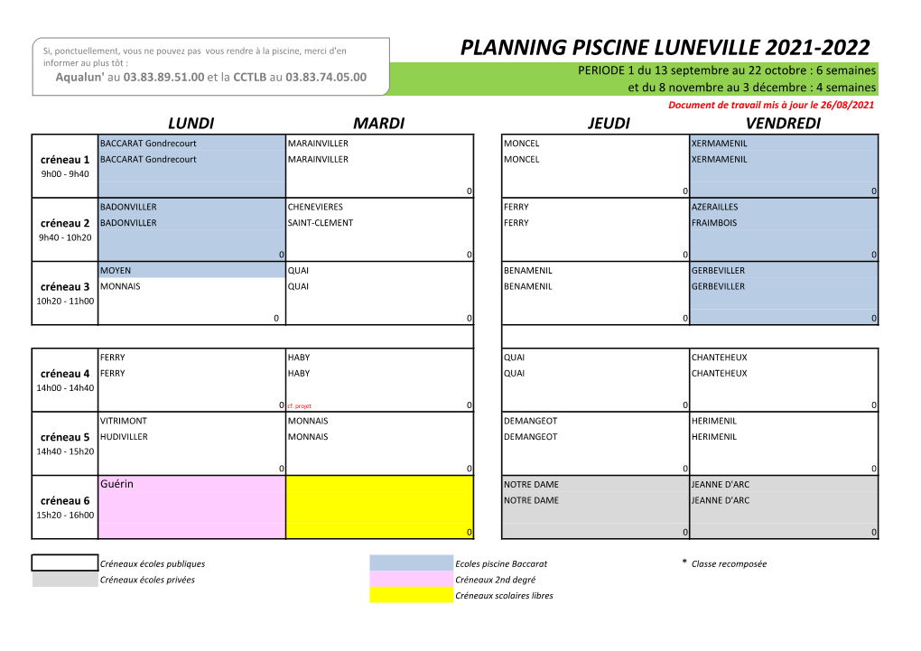 Planning Piscine Luneville 2021-2022
