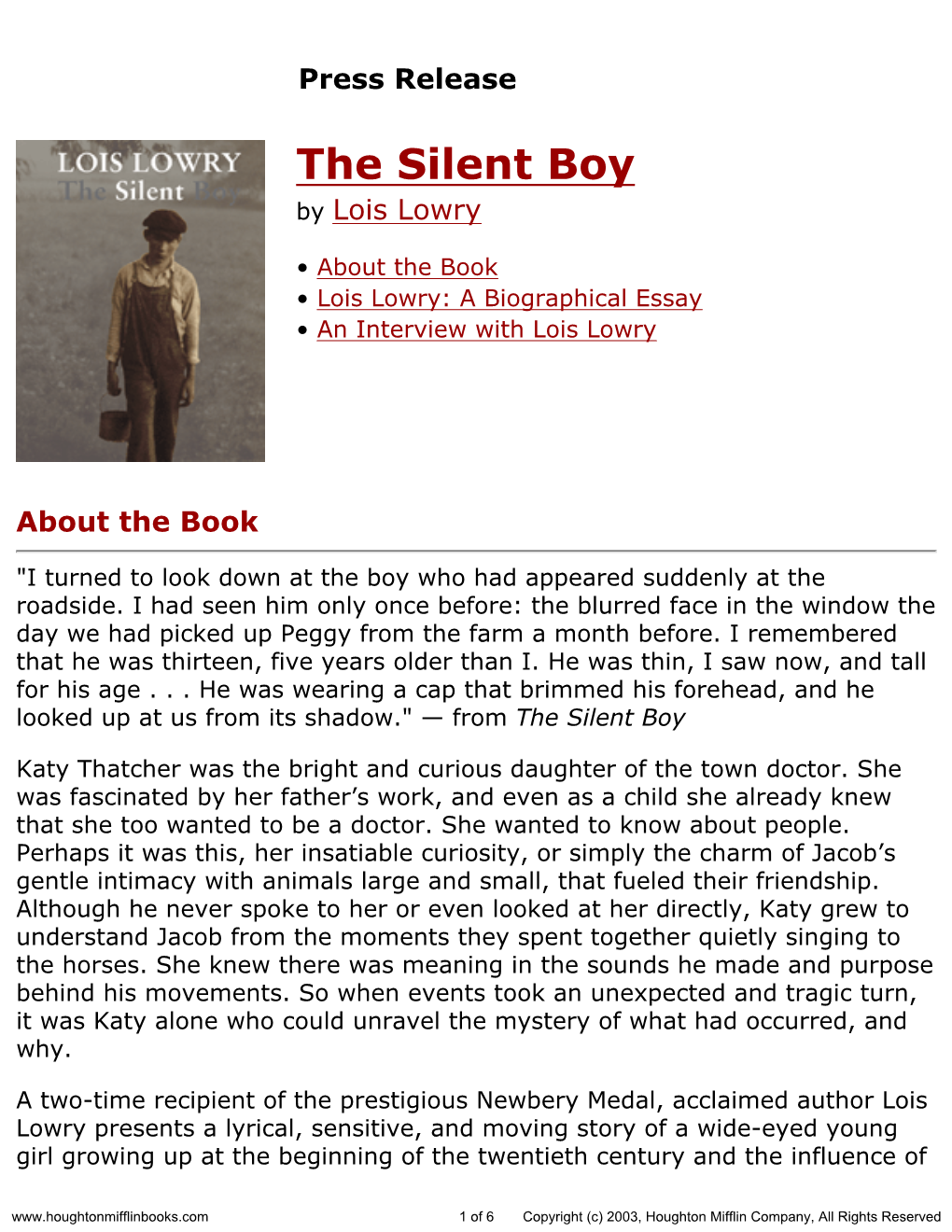 Press Release for the Silent Boy Published by Houghton Mifflin
