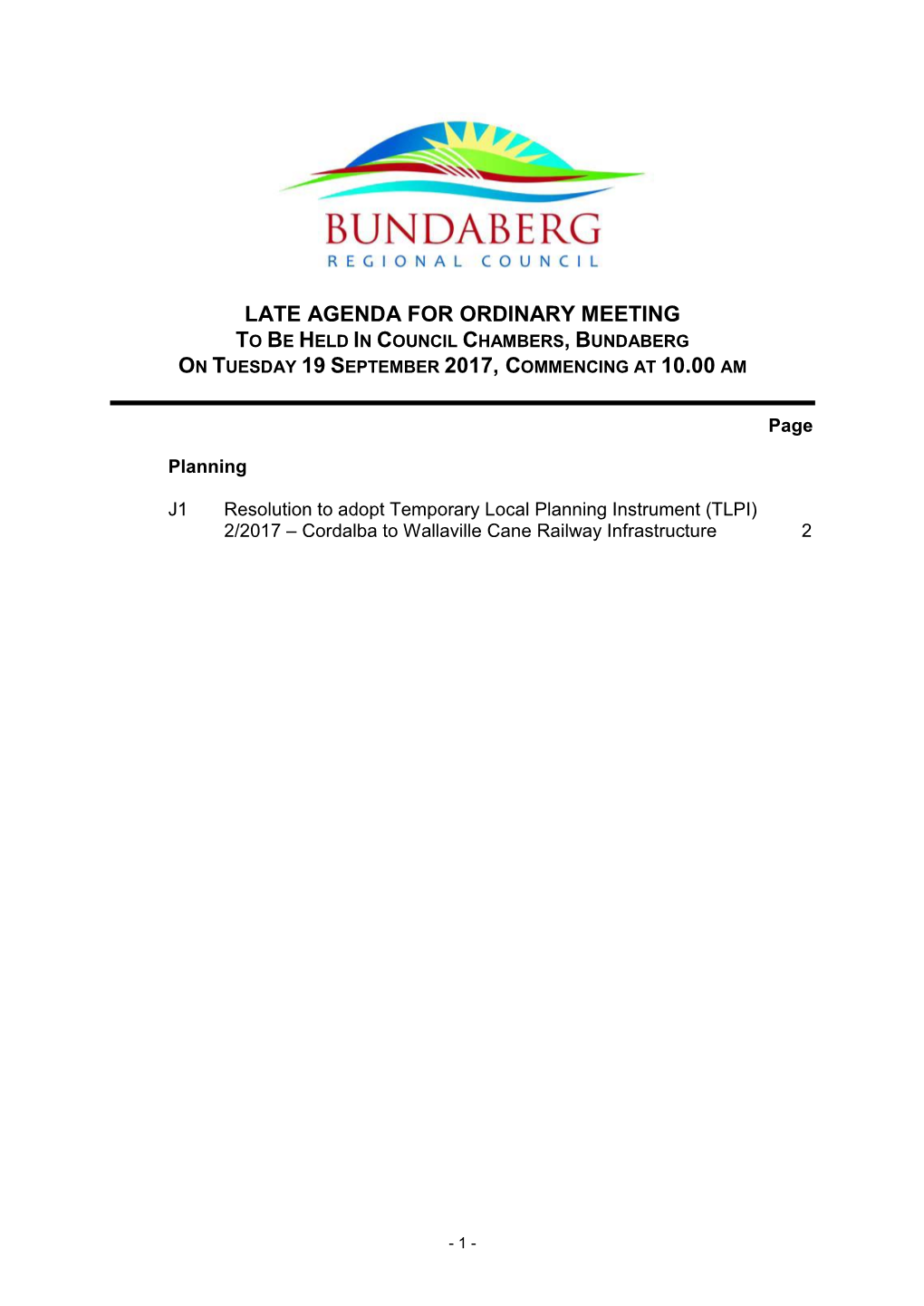 Ordinary Meeting Agenda Supplementary 19 September 2017