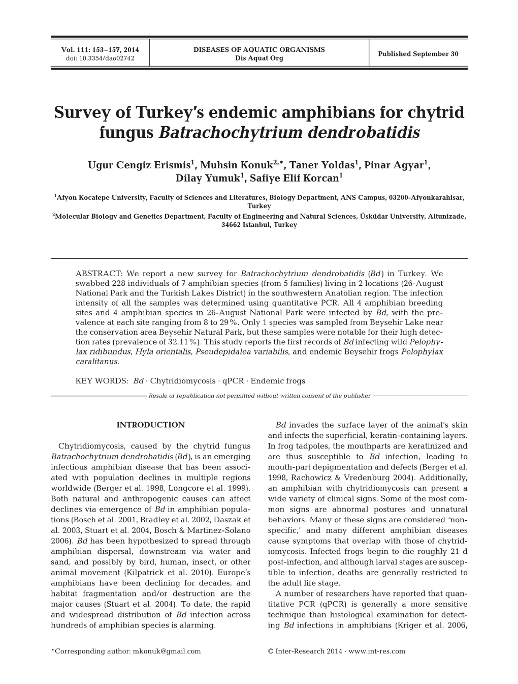 Survey of Turkey's Endemic Amphibians for Chytrid Fungus Batrachochytrium Dendrobatidis