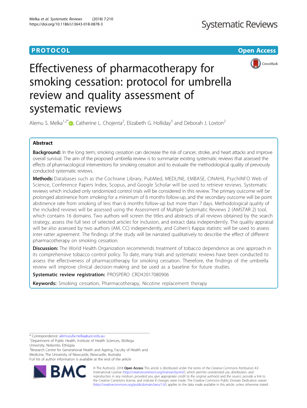 Effectiveness of Pharmacotherapy for Smoking Cessation: Protocol for Umbrella Review and Quality Assessment of Systematic Reviews Alemu S