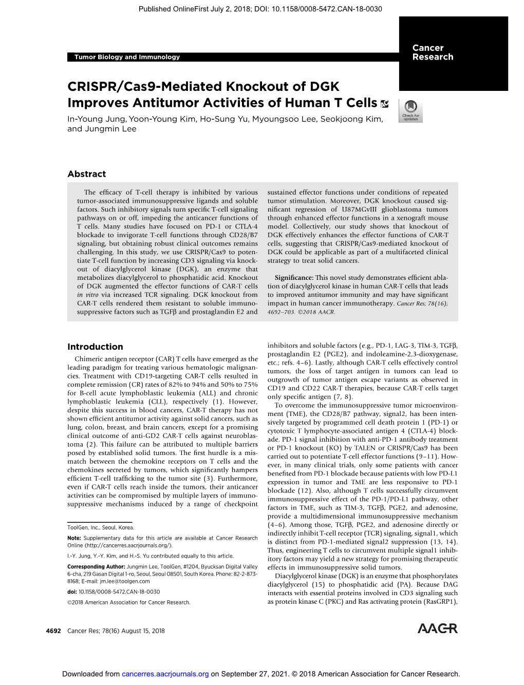 CRISPR/Cas9-Mediated Knockout of DGK Improves Antitumor Activities of Human T Cells