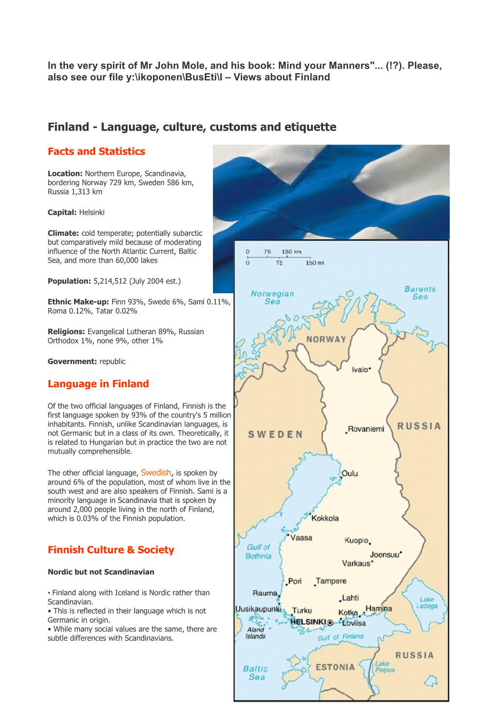 Finland - Language, Culture, Customs and Etiquette