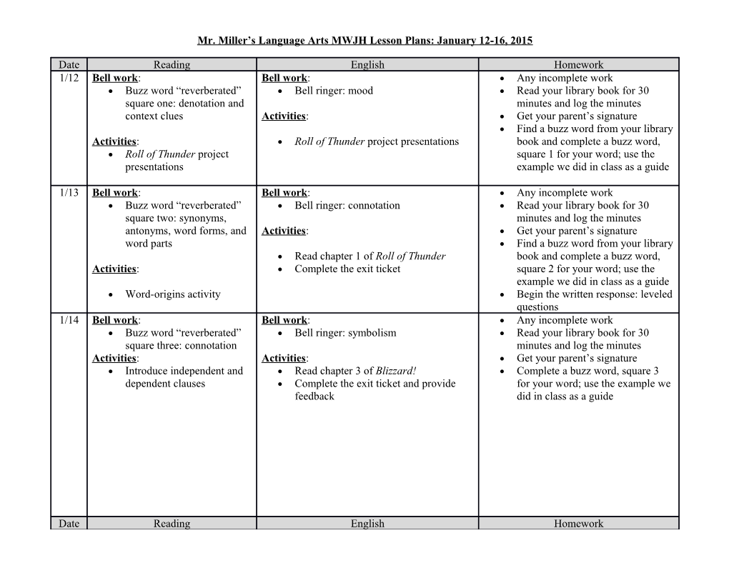 Mr. Miller S Language Arts MWJH Lesson Plans: January 12-16, 2015