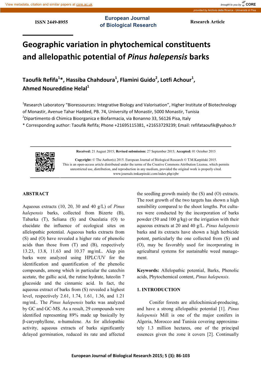 Geographic Variation in Phytochemical Constituents and Allelopathic Potential of Pinus Halepensis Barks
