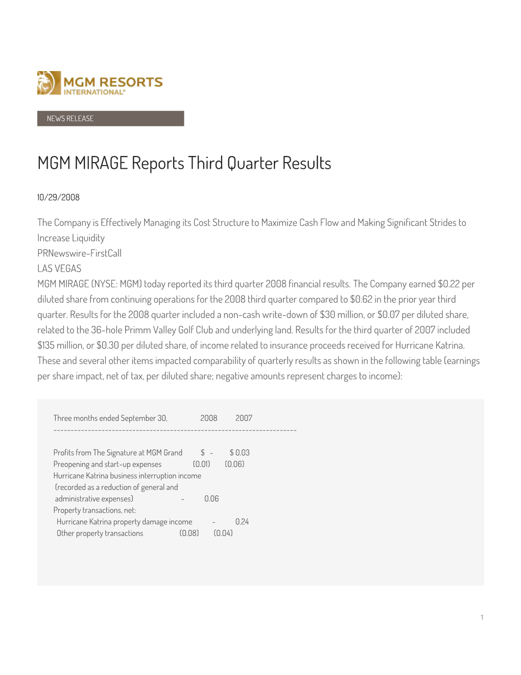 MGM MIRAGE Reports Third Quarter Results