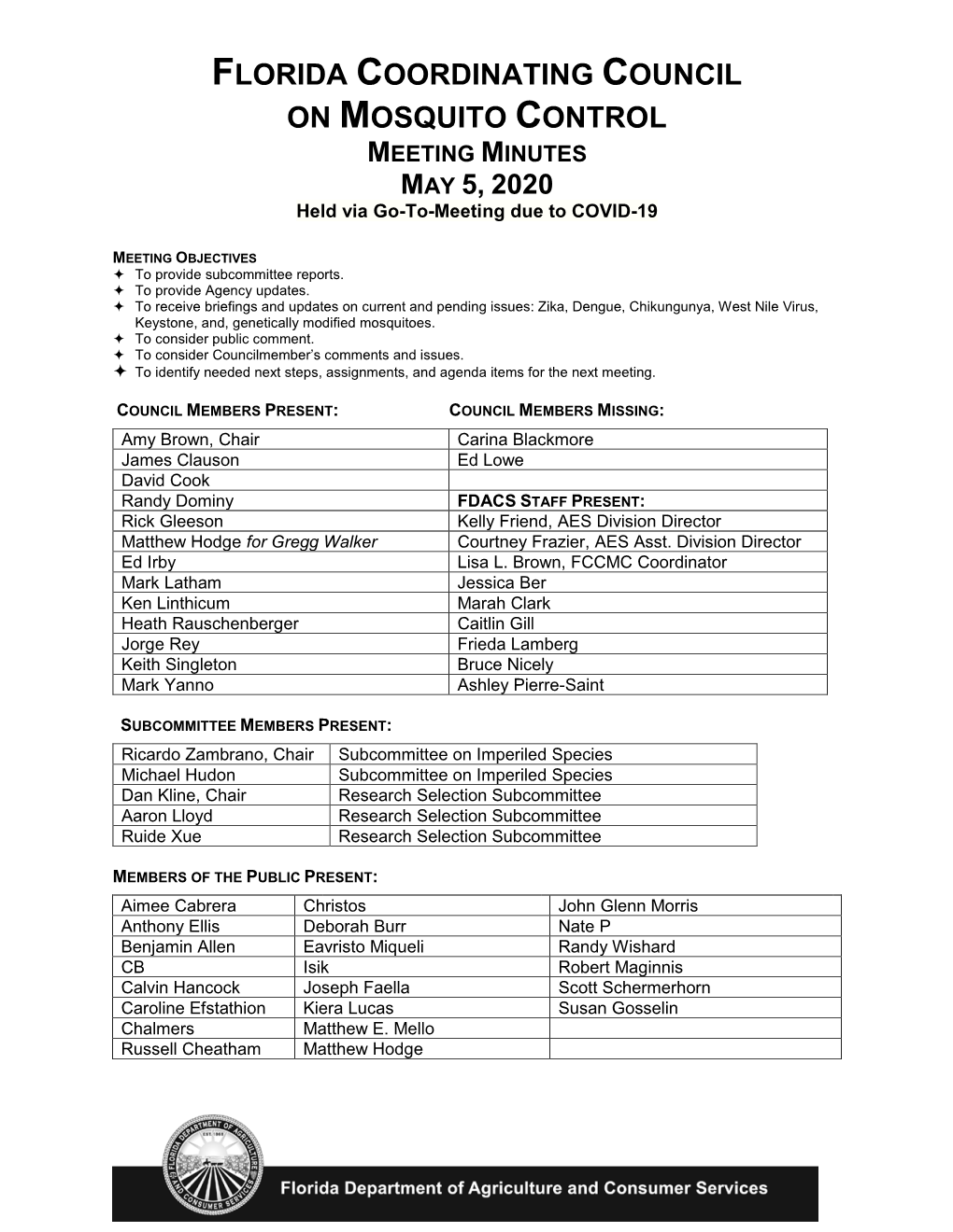 Florrida Coordinating Council on Mosquito Control Meeting Minutes, May 5, 2020