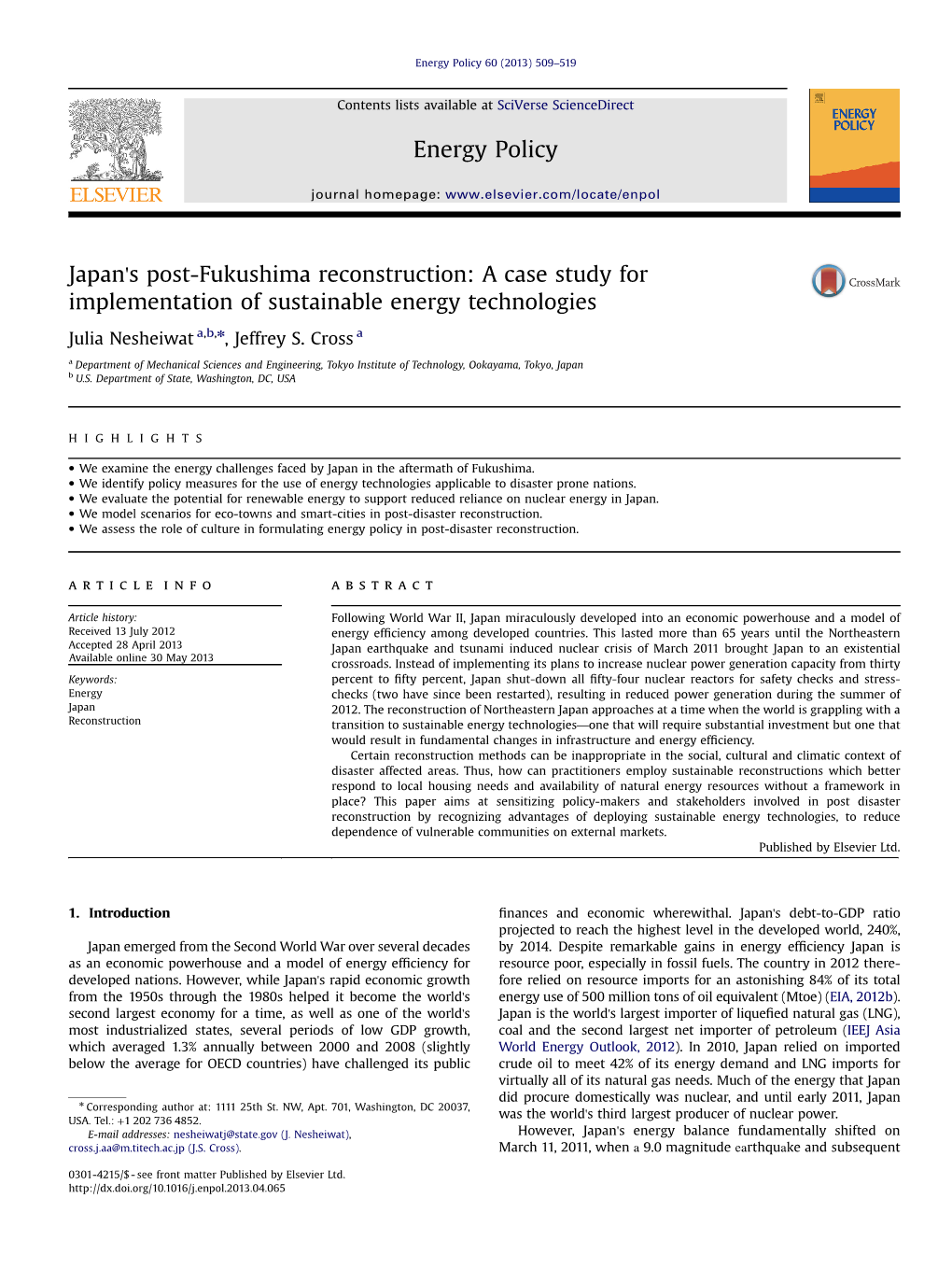 Japan's Post-Fukushima Reconstruction: a Case Study for Implementation of Sustainable Energy Technologies